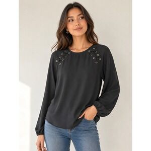 Michael Kors Blouse Black Grommet Lace Up Edgy Minimalist Contemporary  Office